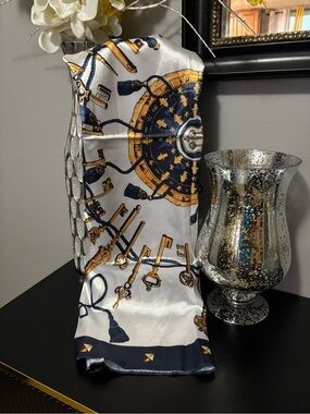 Decorative Silk-Feel Scarf with Navy and Gold Key Motif - Home Accent